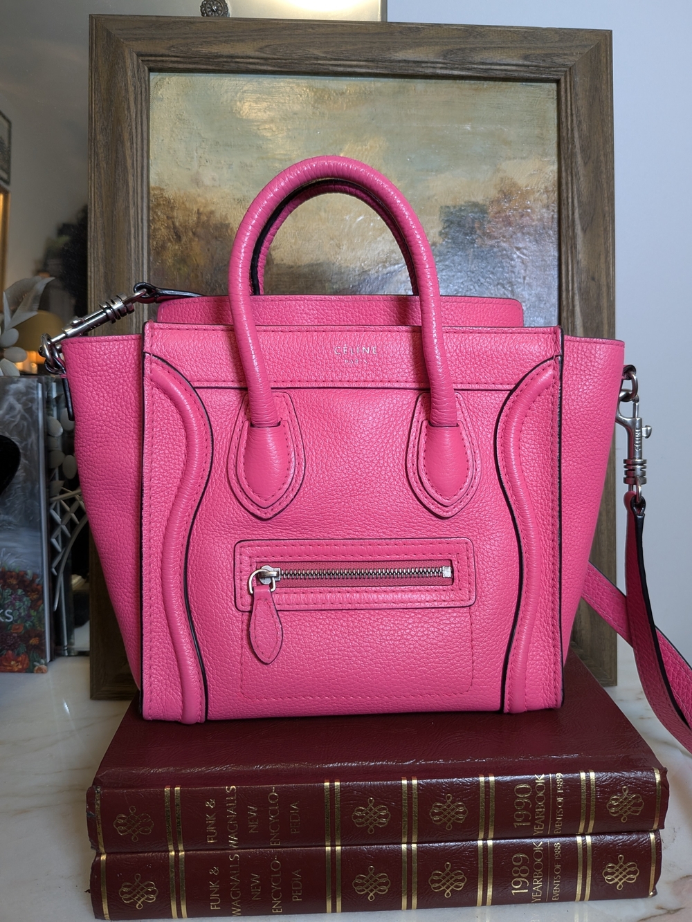 Authentic CELINE Pebbled Calfskin Nano Luggage Tote – Fluo Hot Pink w/ Strap